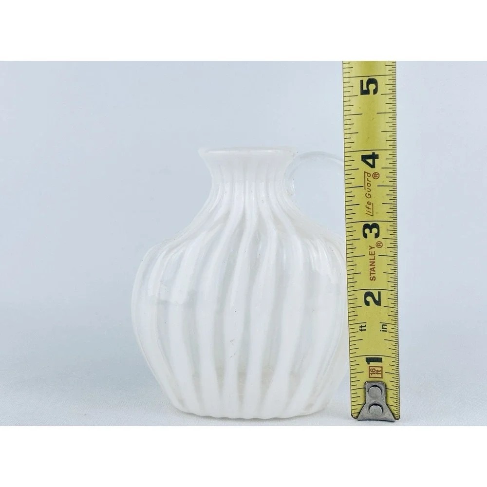 Vintage White Opalescent Swirl Glass Bottle Vase Pitcher Ribbon Hand Blown